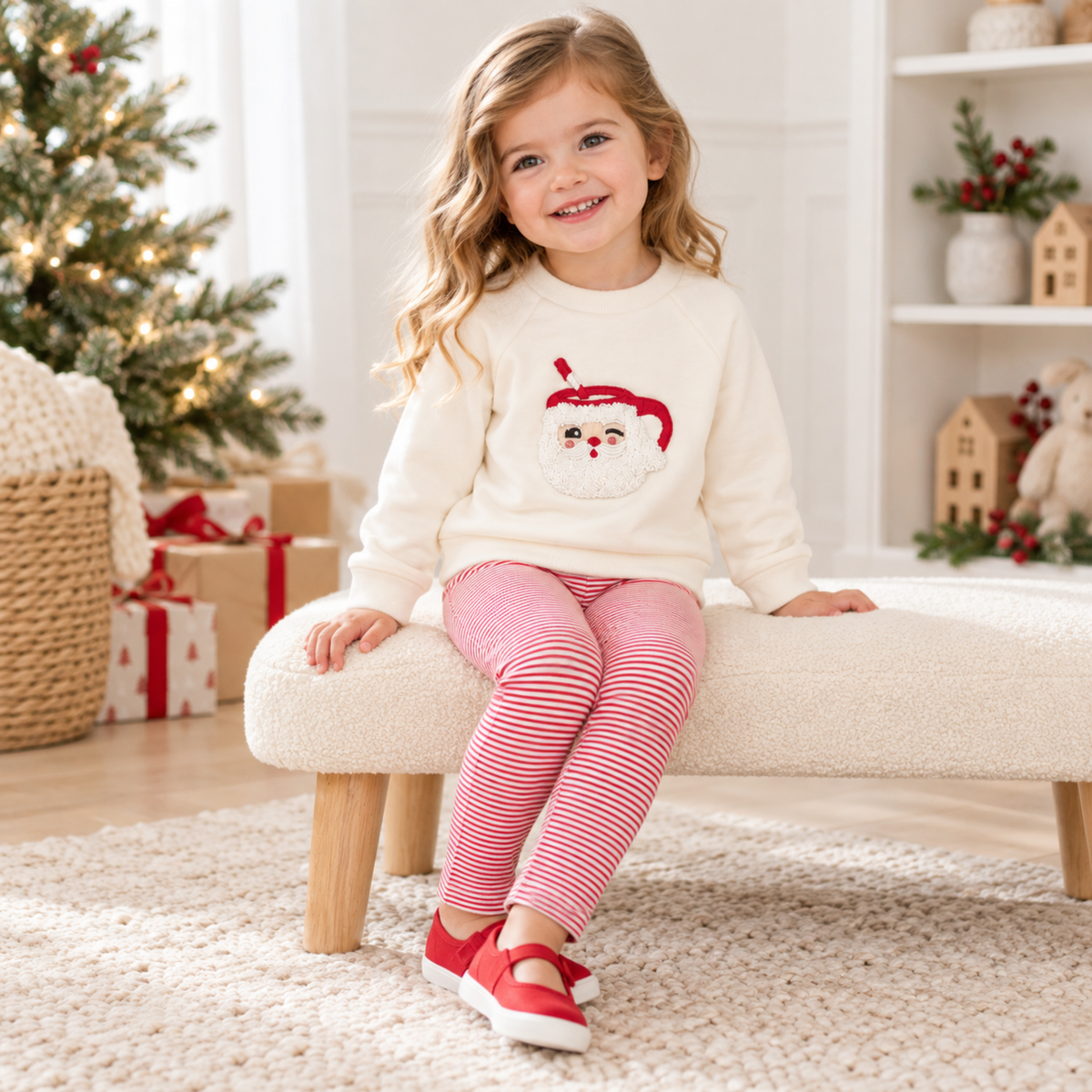 Girl Playwear Set - Santa's Treats Sweatshirt + Red Stripe Leggings