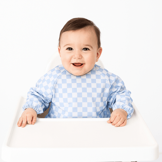 Smock Bib for Baby & Toddler Long Sleeve (Blue Checkers) - Magnolia BabyBib
