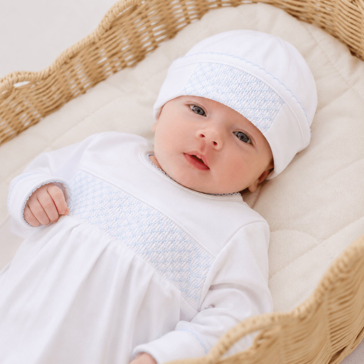 Solid Essentials Pima Hat with Blue Smocking - Magnolia BabyHat