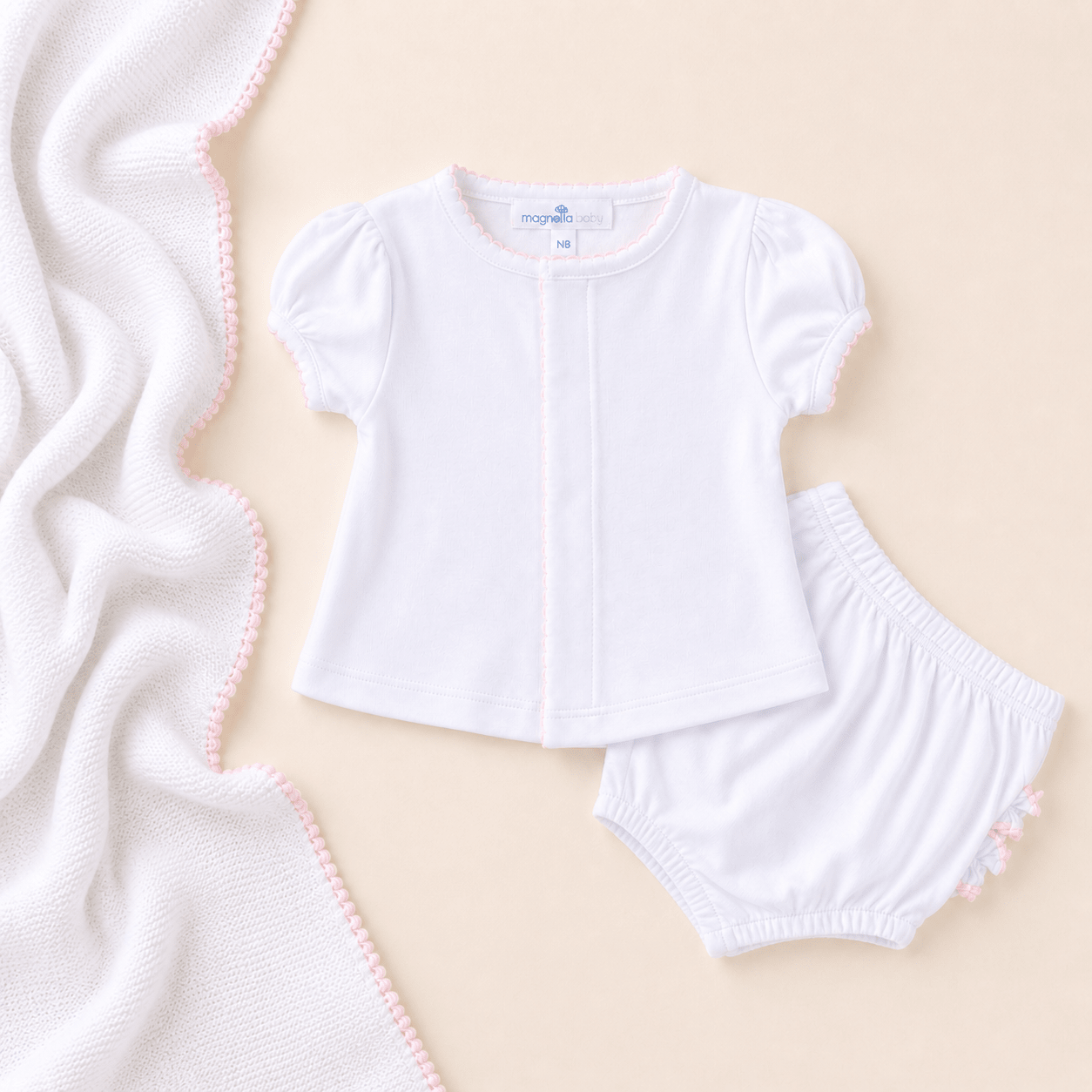 Solid Essentials Ruffle Diaper Cover Set - White Pink - Magnolia BabyDiaper Cover