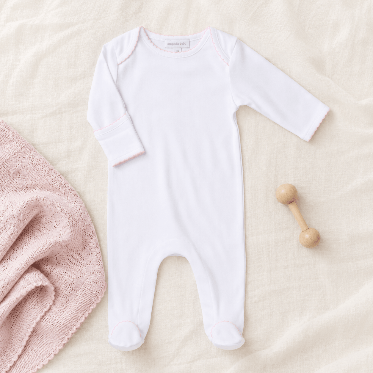 Solid Essentials White Lap Footie with Pink Trim - Magnolia BabyFootie