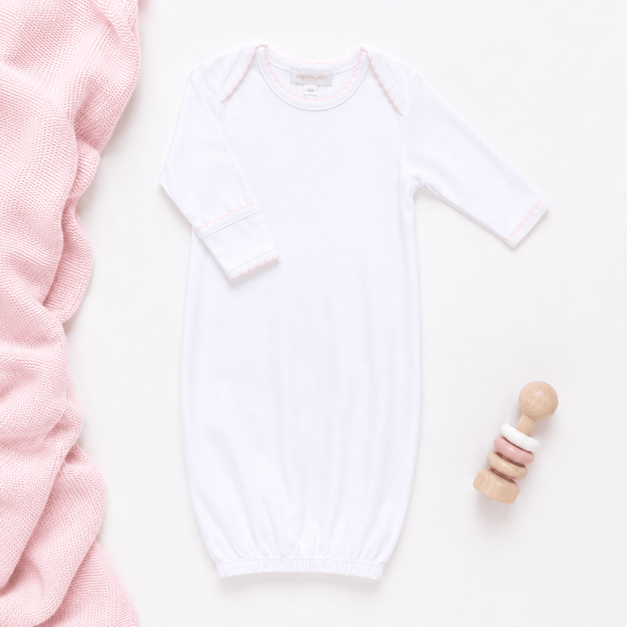 Solid Essentials White Lap Gown with Pink Trim - Magnolia BabyGown