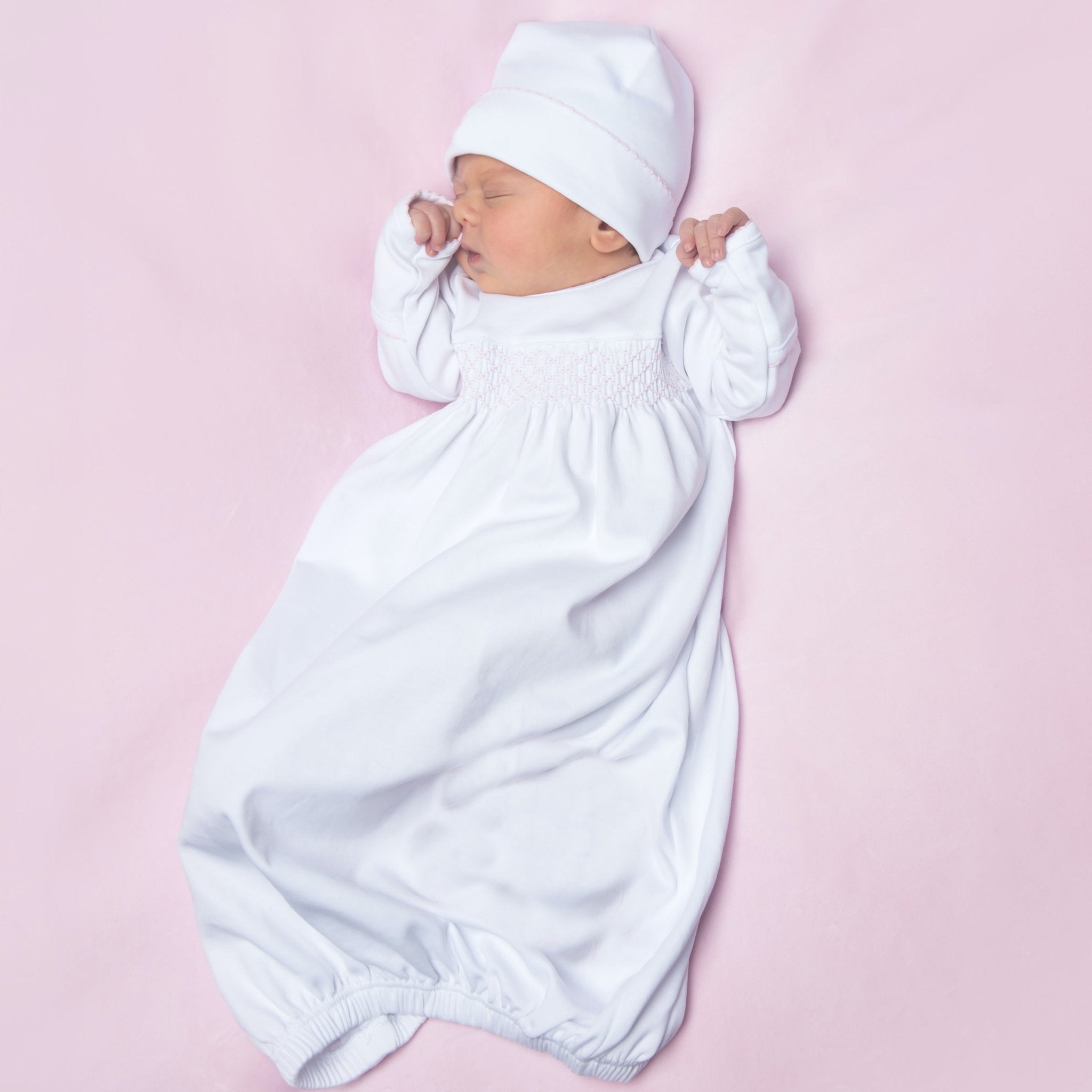 Solid Essentials White Pink Smocked Gown - Magnolia BabyGown