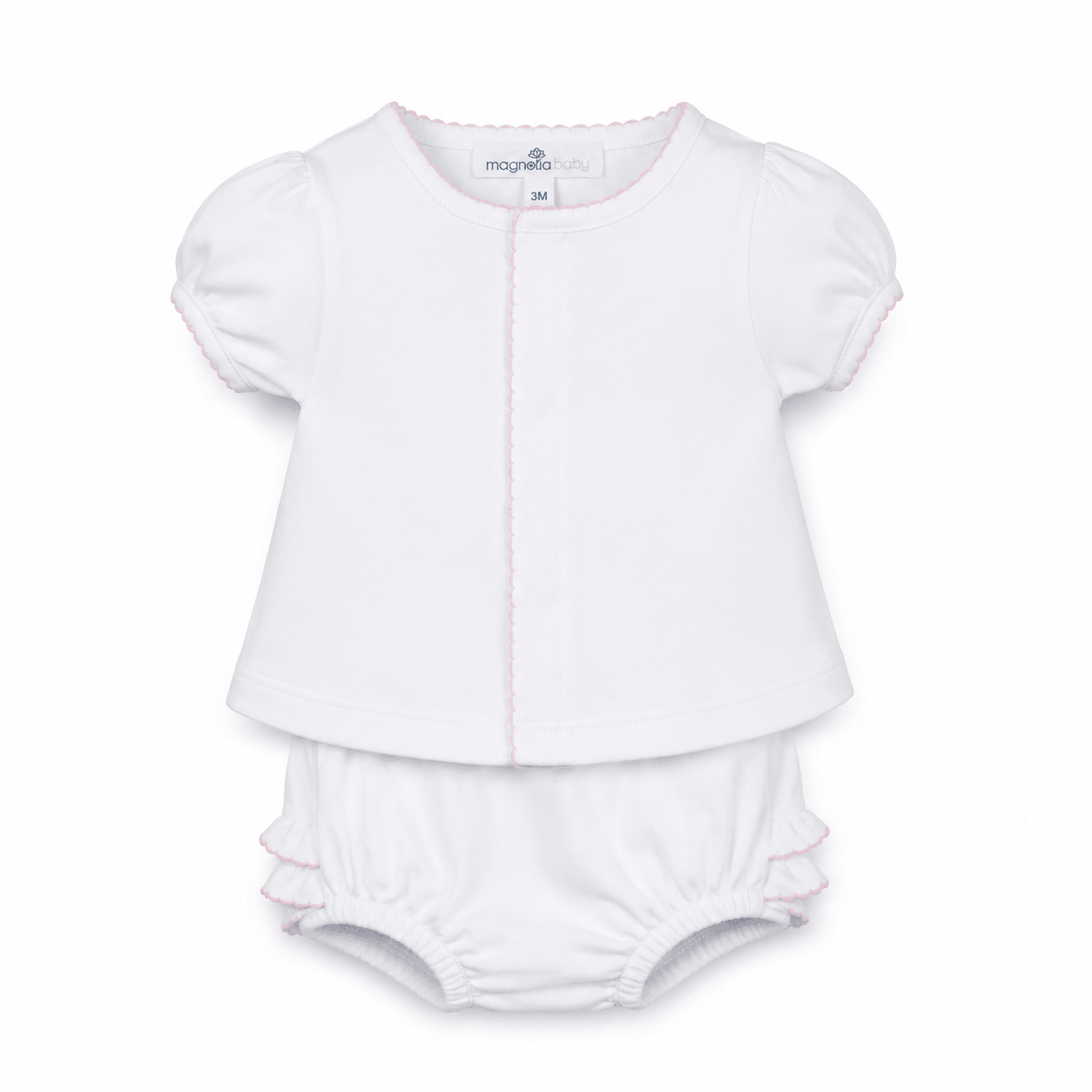 Solid Essentials White Ruffle Diaper Cover Set with Pink Trim - Magnolia BabyDiaper Cover