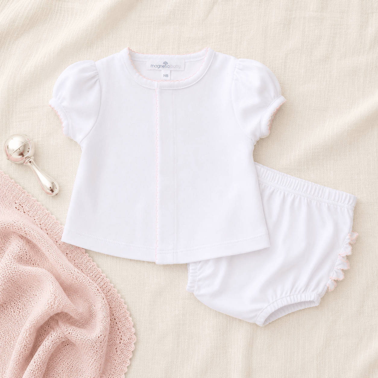 Solid Essentials White Ruffle Diaper Cover Set with Pink Trim - Magnolia BabyDiaper Cover
