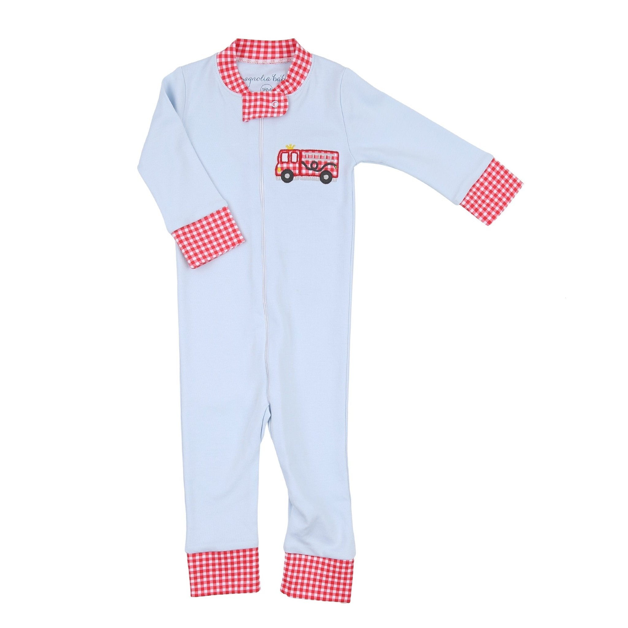 Sound the Alarm Applique Blue Zip Pajamas - Magnolia BabyZipper Pajamas