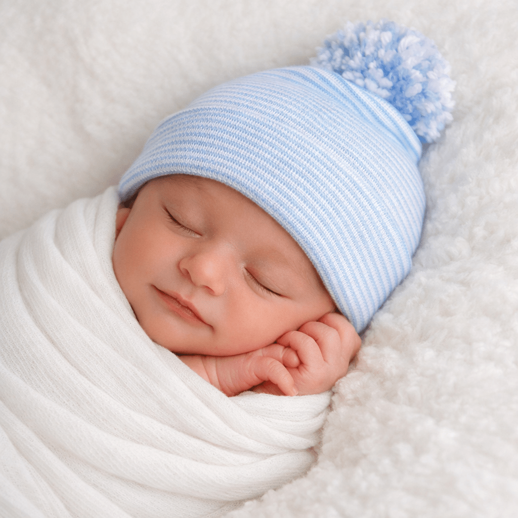 Striped Newborn Pom Pom Hat - Blue - Magnolia BabyHat
