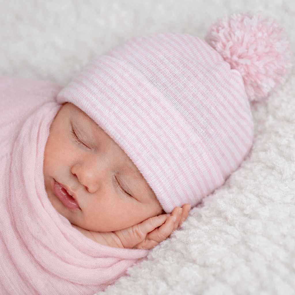 Striped Newborn Pom Pom Hat - Pink - Magnolia BabyHat