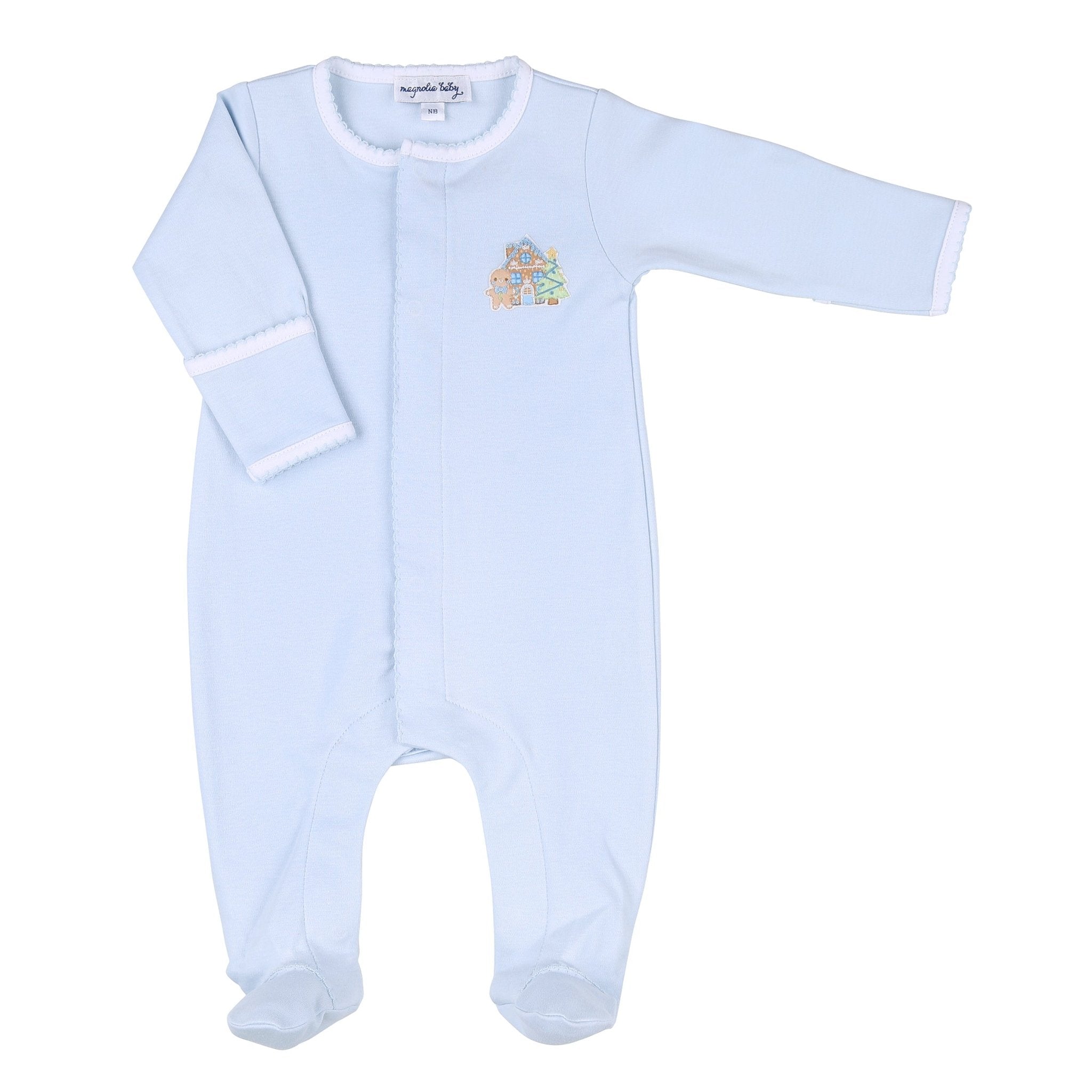 Sweet Gingerbread Blue Embroidered Footie - Magnolia BabyFootie