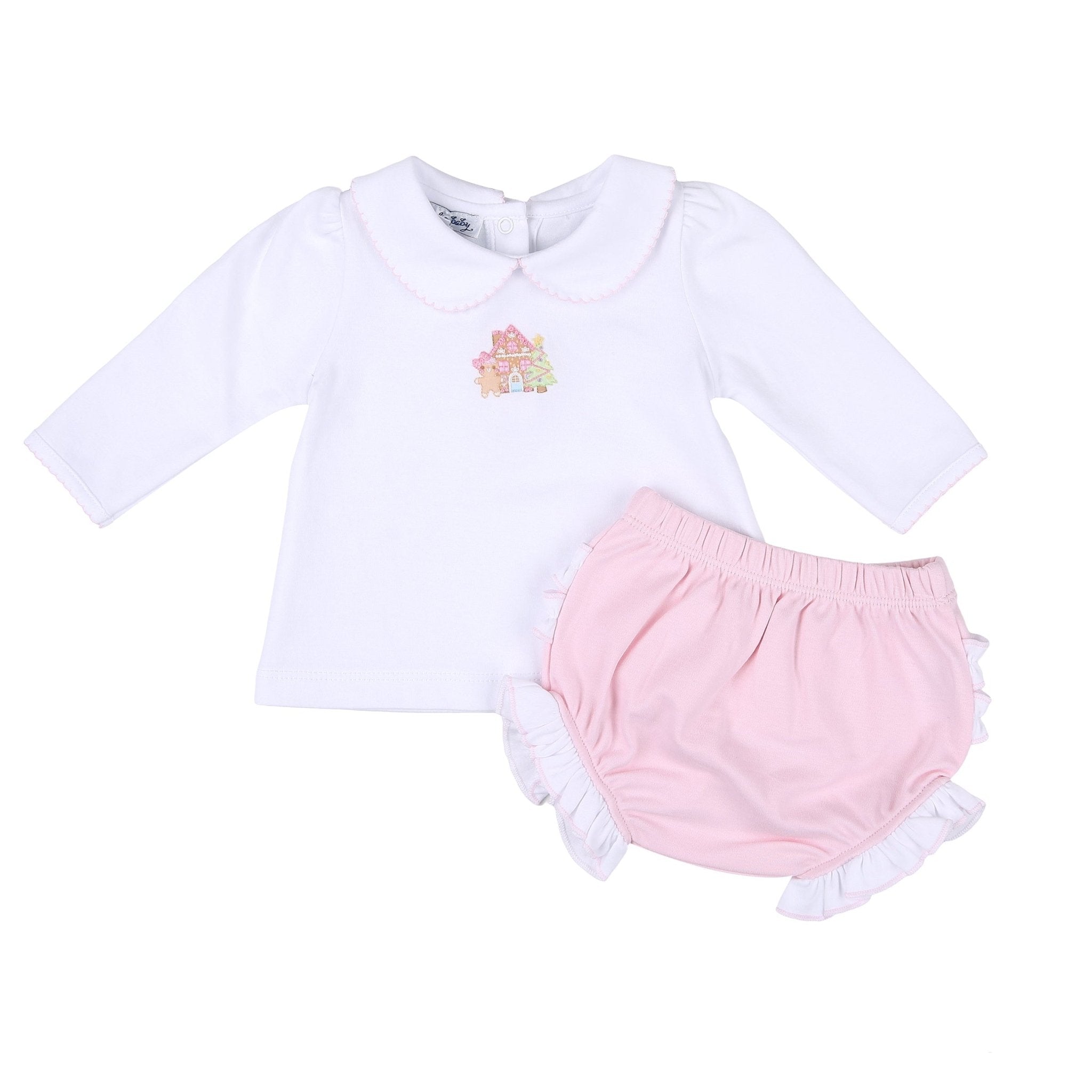 Sweet Gingerbread Pink Embroidered Collared Ruffle Long Sleeve Diaper Cover Set - Magnolia BabyDiaper Cover