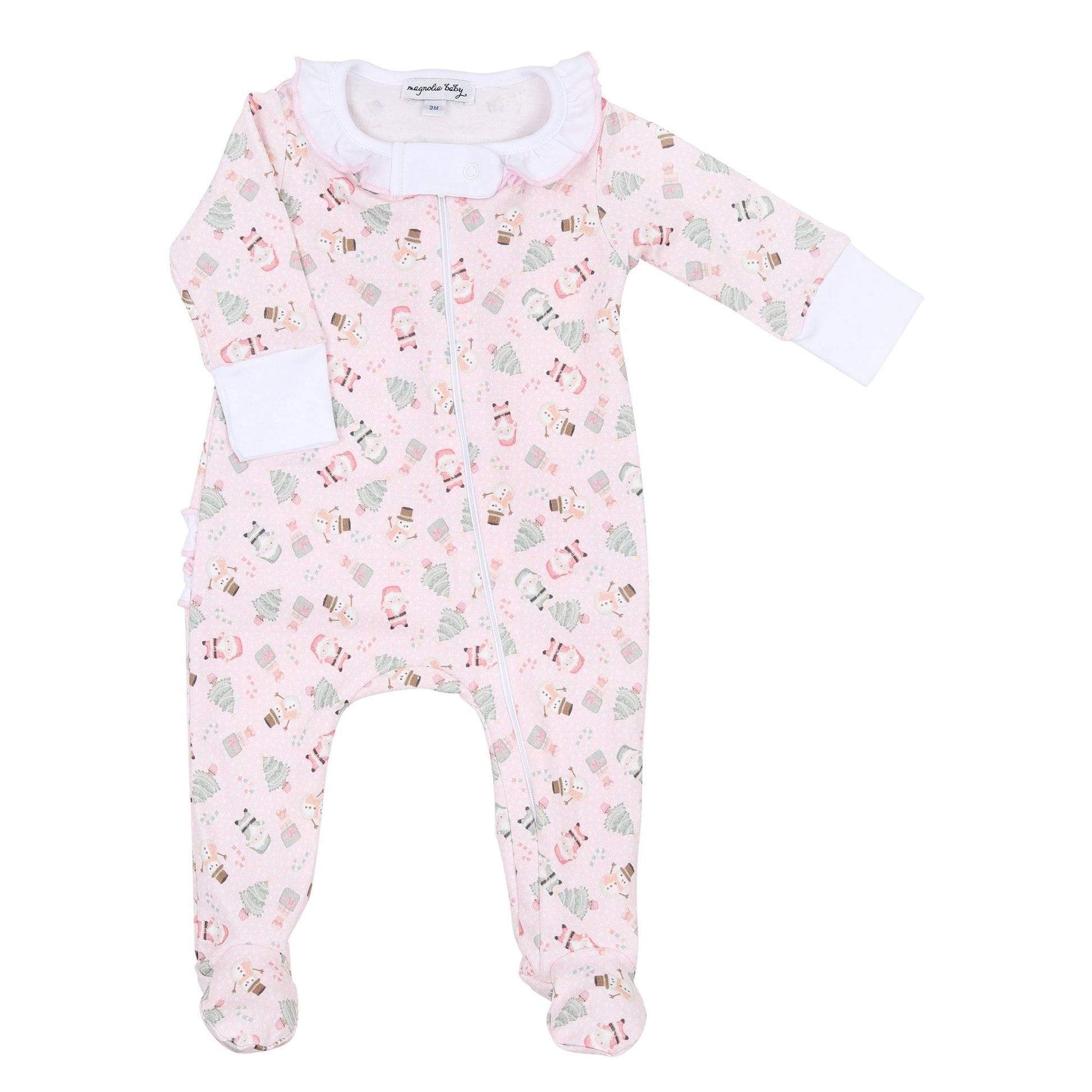 Sweet Little Christmas Print Ruffle Zip Footie - Pink - Magnolia BabyFootie