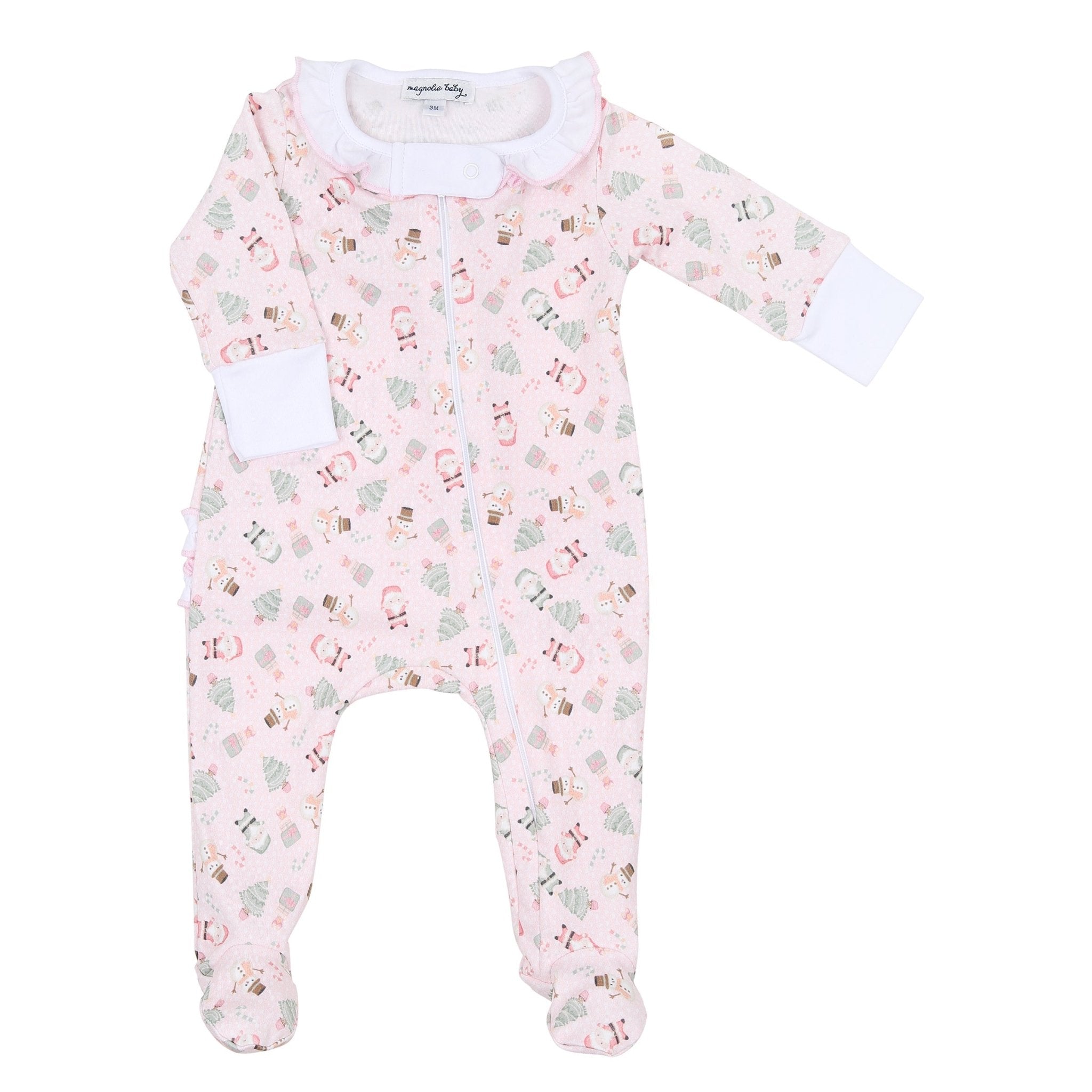 Sweet Little Christmas Print Ruffle Zip Footie - Pink - Magnolia BabyFootie