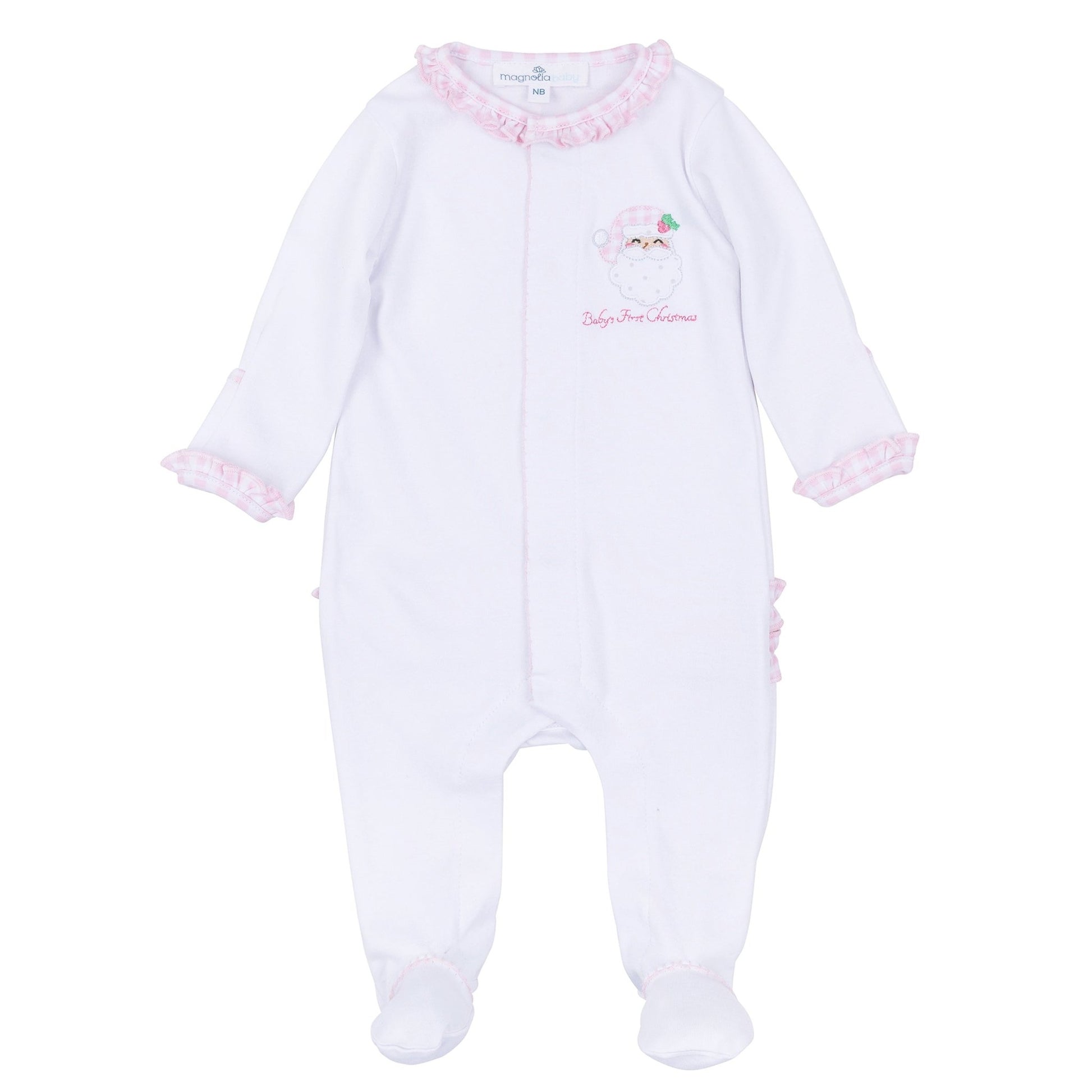 Magnolia Baby_Sweet St Nick Applique Baby's First Christmas Ruffle Footie - Pink_2