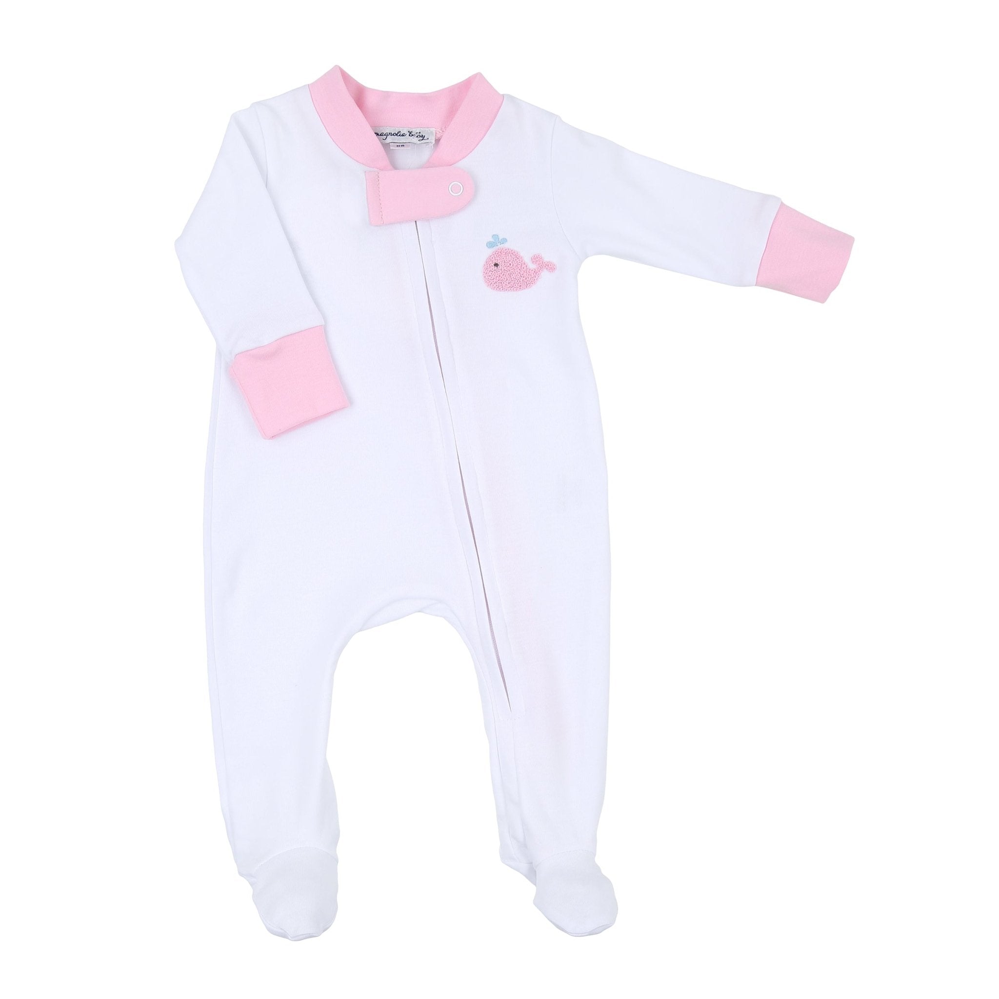 Sweet Whales Pink Embroidered Zip Footie - Magnolia BabyFootie