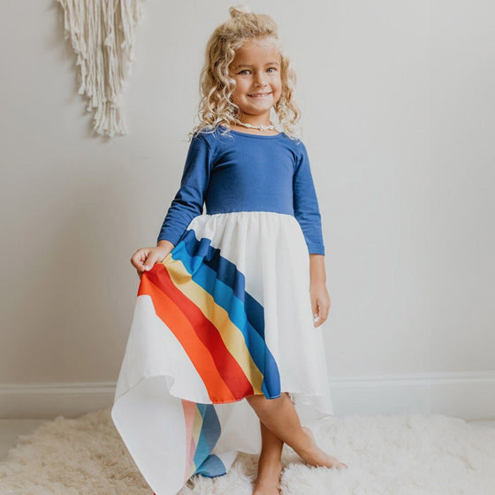 Teal & White Rainbow Long Sleeve Hi - Lo Dress - Magnolia BabyDress