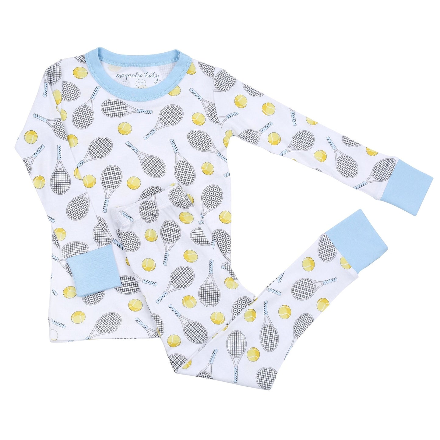Tennis Anyone? Big Kid Long Pajamas in Light Blue - Magnolia BabyLong Pajamas