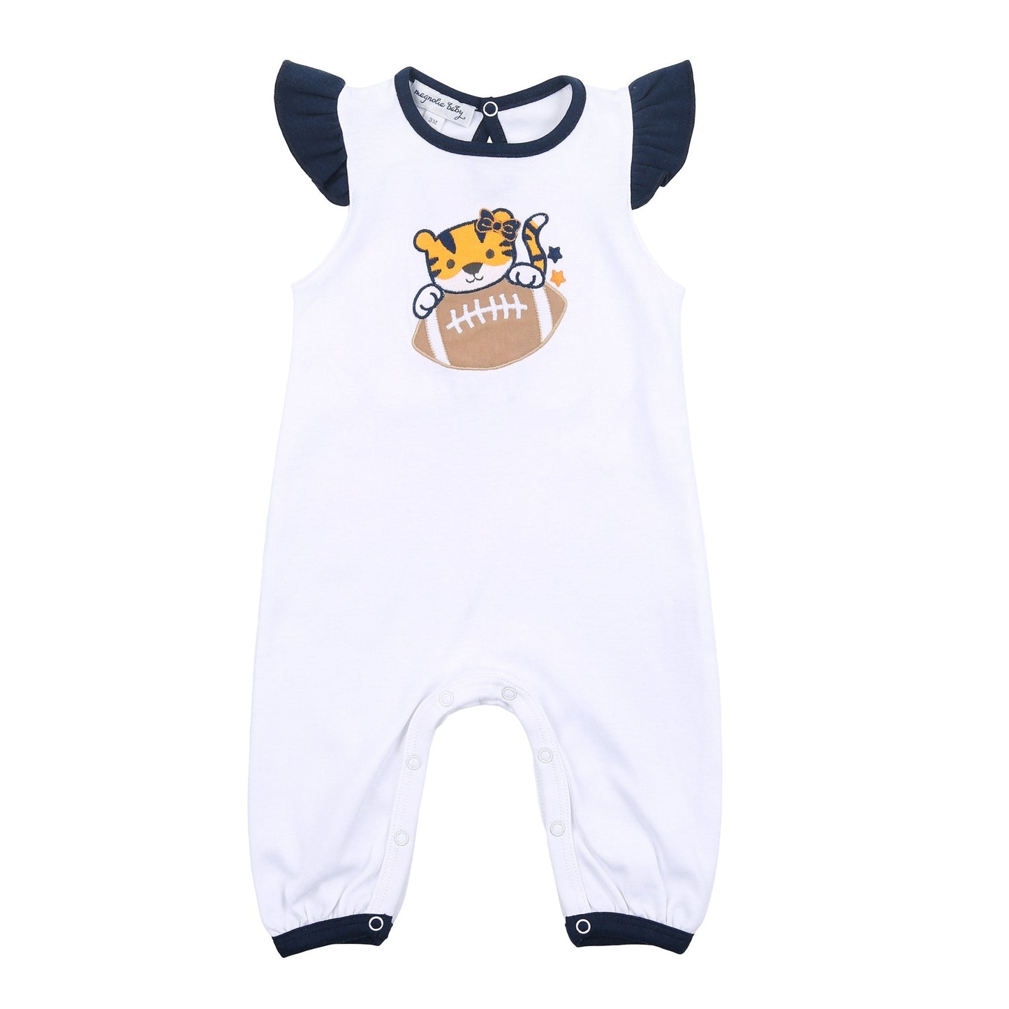 Tiger Football Applique Navy-Orange Flutters Playsuit - Magnolia BabyPlaysuit