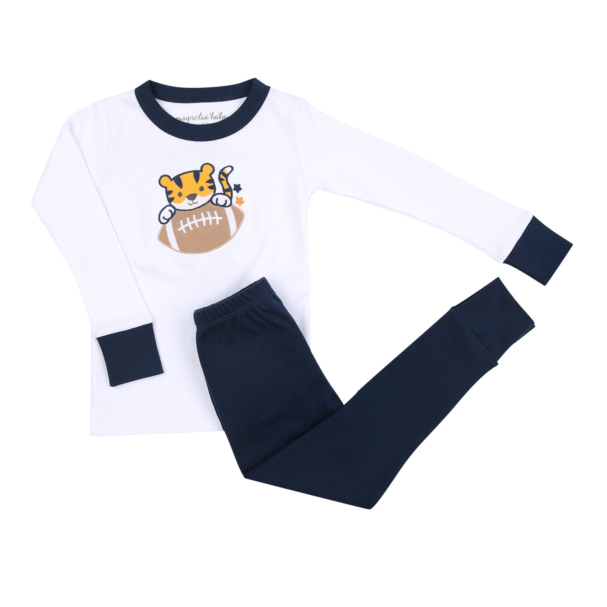 Tiger Football Applique Navy-Orange Long Pajamas - Magnolia BabyLong Pajamas