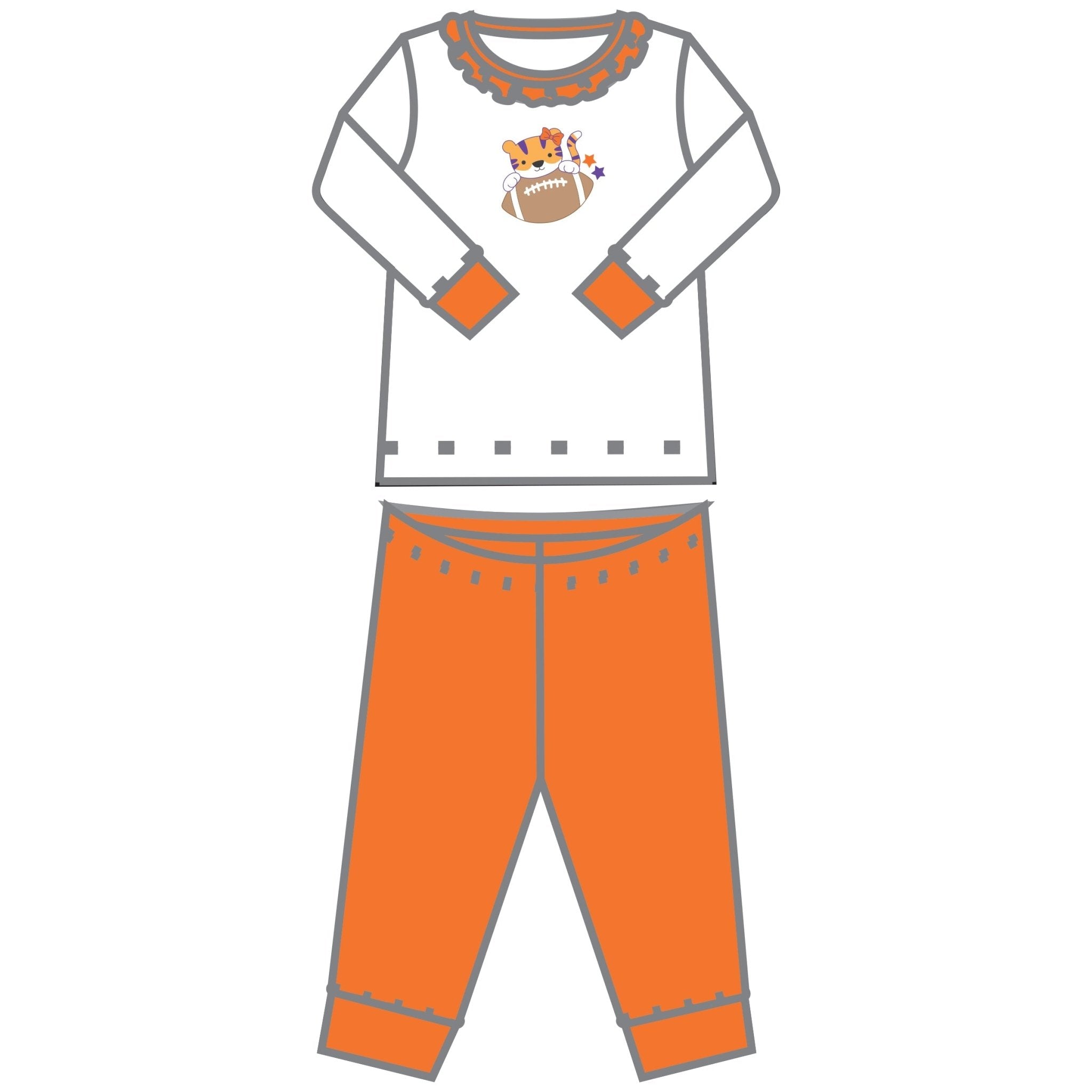 Tiger Football Applique Orange-Purple Ruffle Long Pajamas - Magnolia BabyLong Pajamas