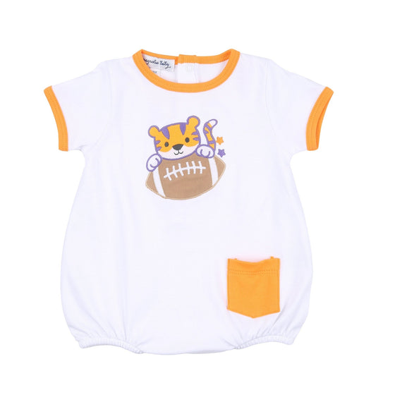 Tiger Football Applique Orange-Purple Short Sleeve Bubble - Magnolia BabyBubble