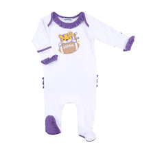  Tiger Football Applique Purple-Gold Ruffle Lap Footie - Magnolia BabyFootie