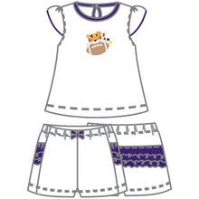  Tiger Football Applique Purple - Gold Ruffle Short Set - Magnolia BabyShort Set