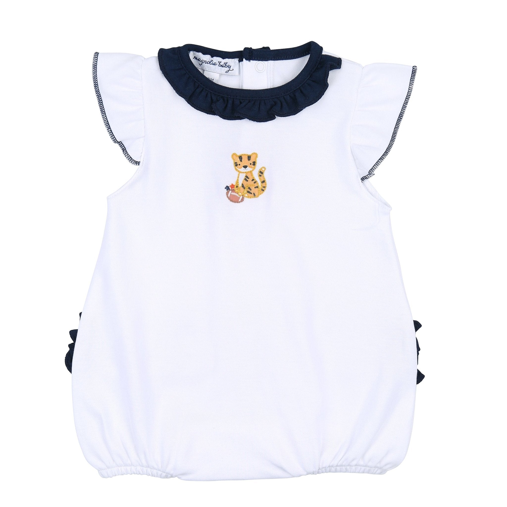 Tiger Football Navy - Orange Embroidered Ruffle Flutters Bubble - Magnolia BabyBubble