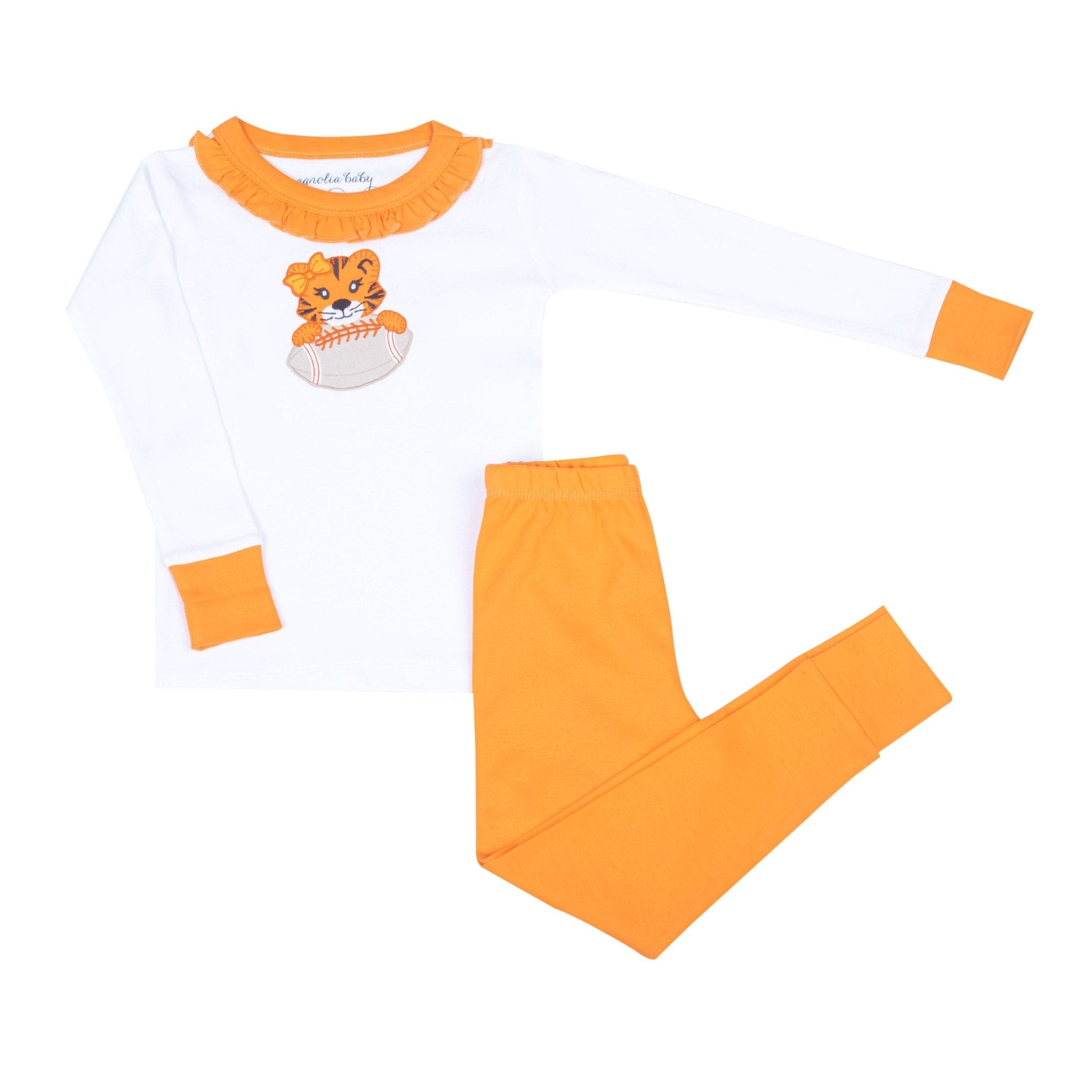 Tiger Pride Applique Ruffle Long Pajamas - Orange - Magnolia BabyLong Pajamas
