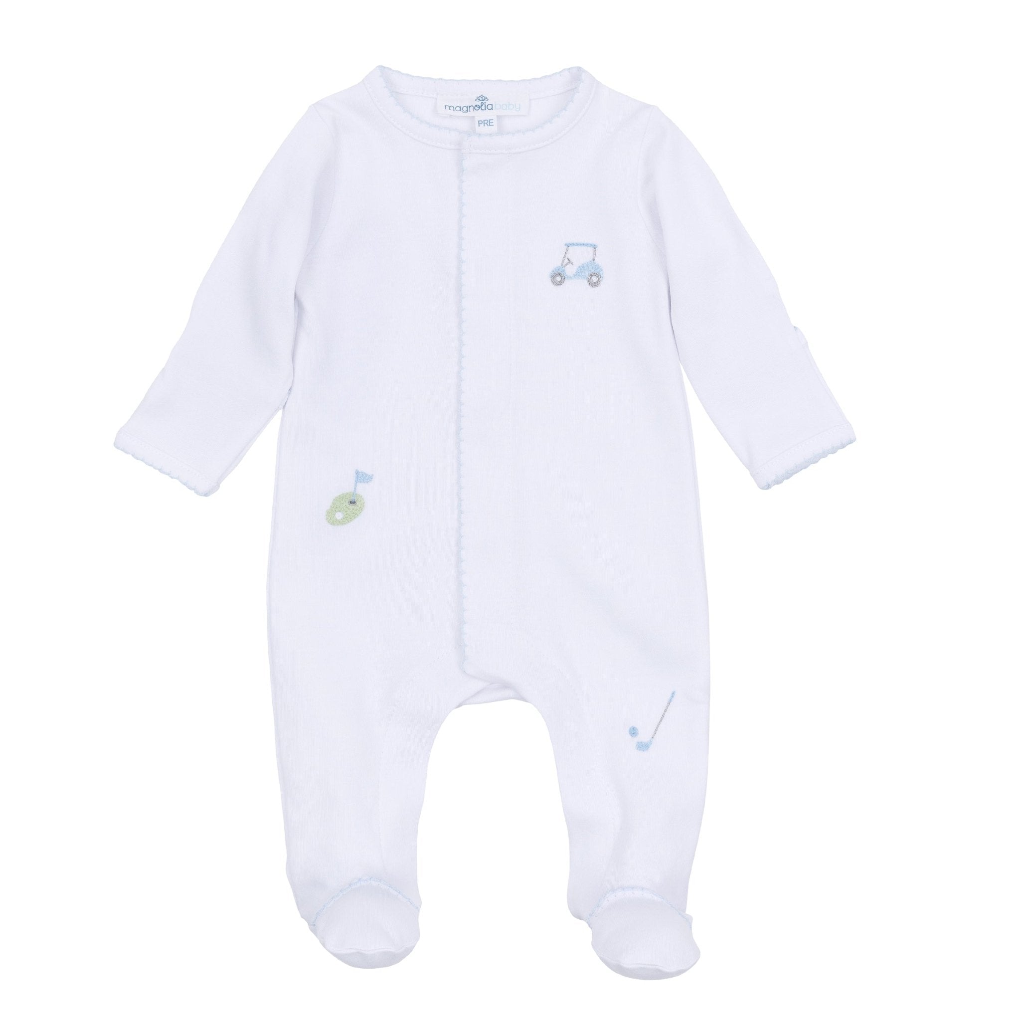 Tiny Tee Time Embroidered Footie - Light Blue - Magnolia BabyFootie