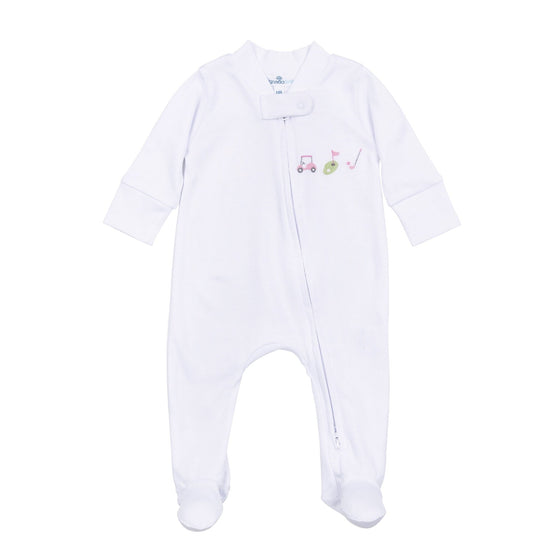 Tiny Tee Time Embroidered Zip Footie - Pink - Magnolia BabyFootie