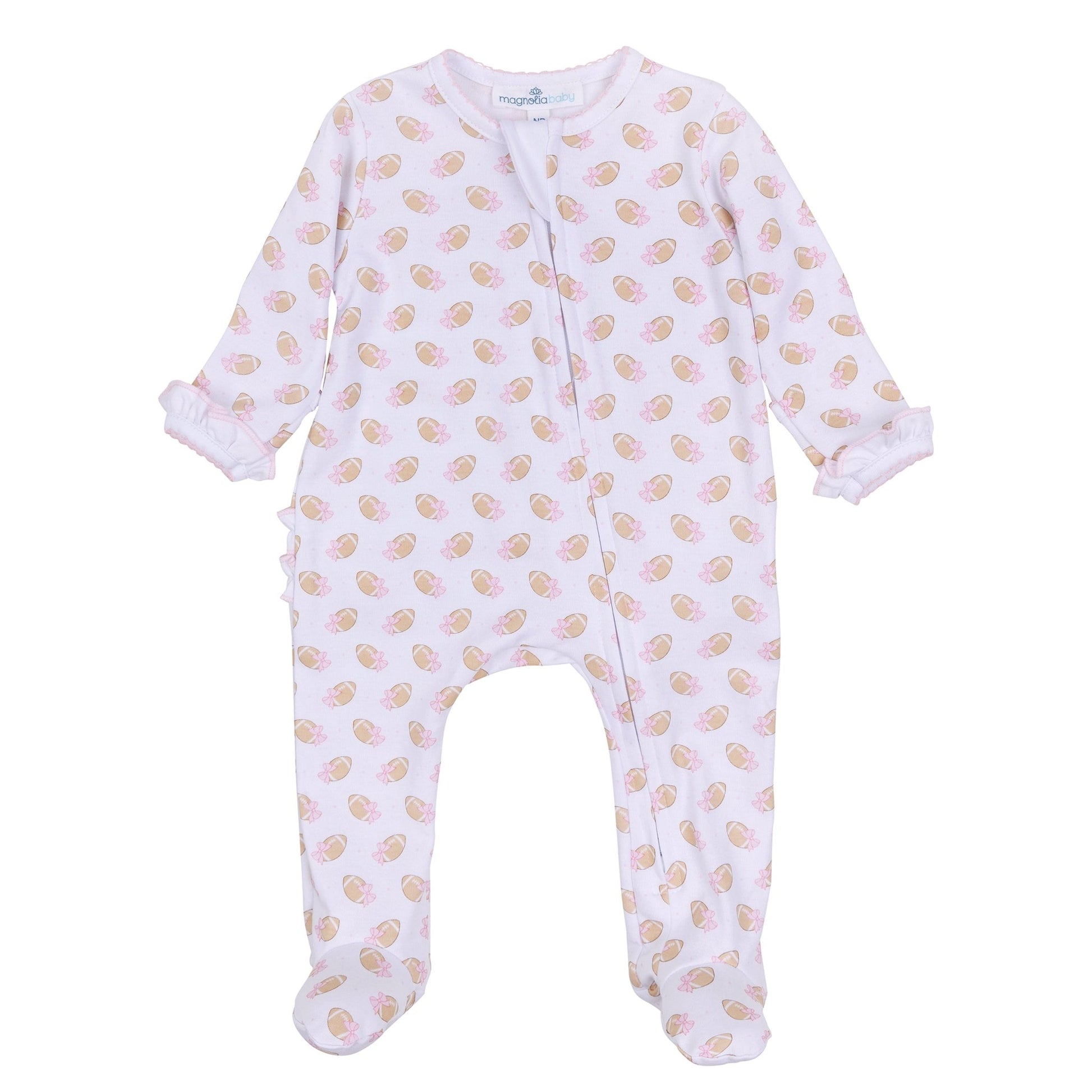 Touchdown Cutie Print Ruffle Zip Footie - Pink - Magnolia BabyFootie