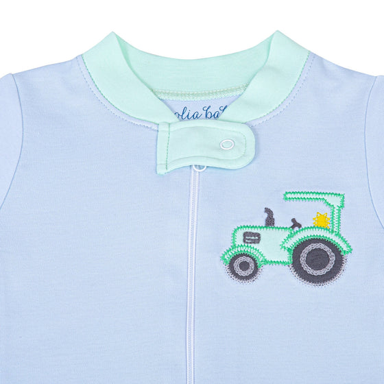 Tractor Time Applique Zip Pajamas - Magnolia BabyZipper Pajamas