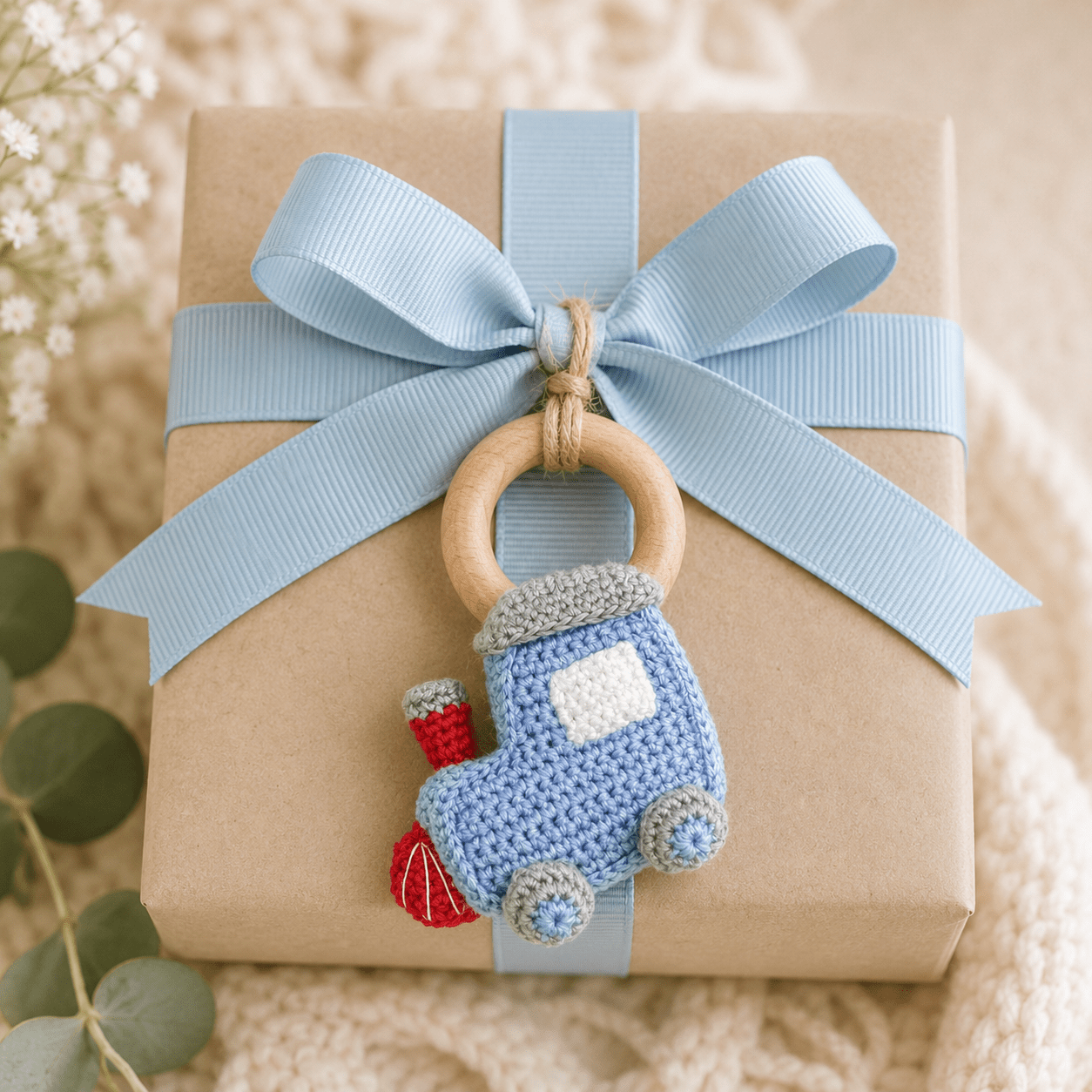 Train Bamboo Crochet Woodring Rattle - Magnolia BabyTeether