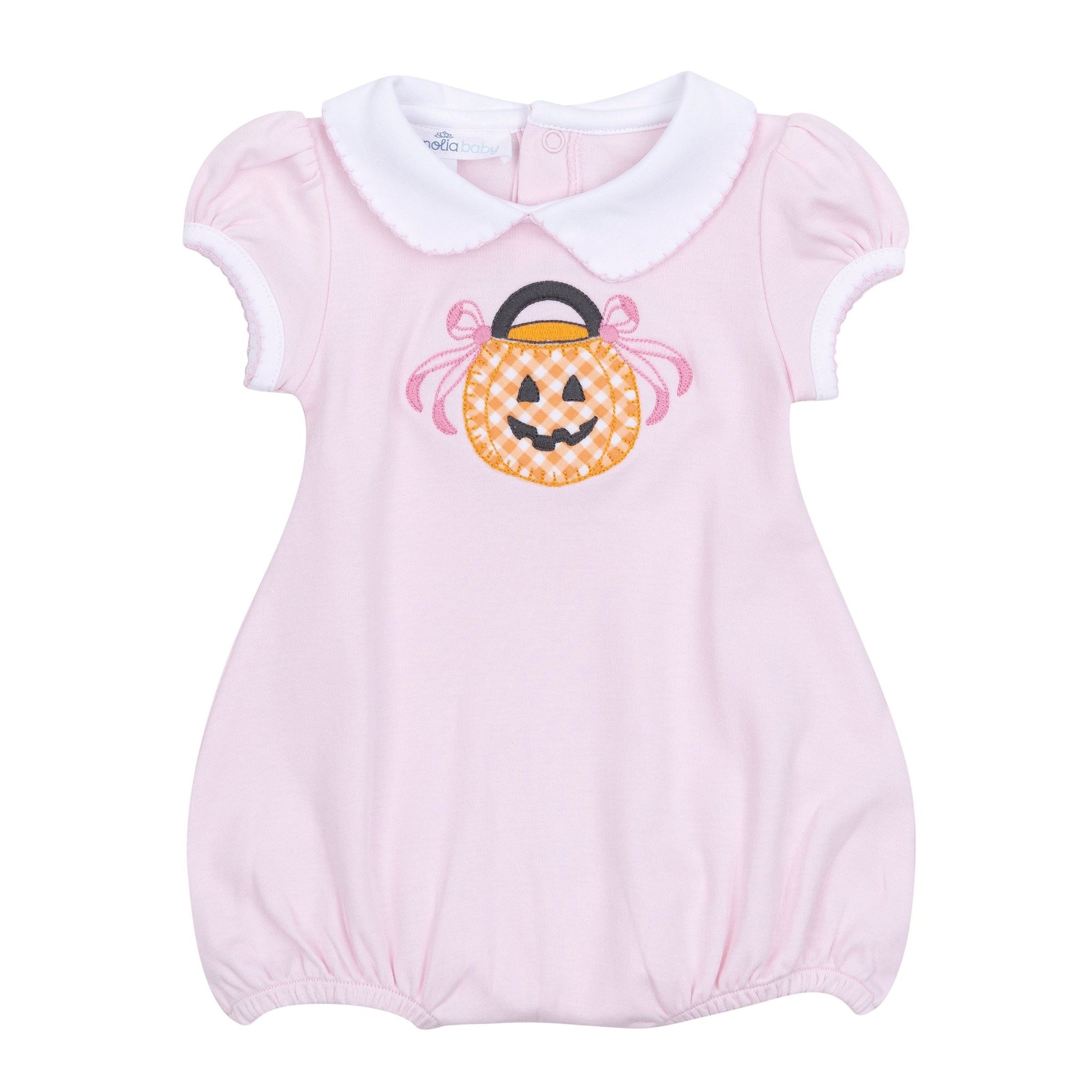 Trick or Treat Applique Collared Short Sleeve Bubble - Pink - Magnolia BabyBubble