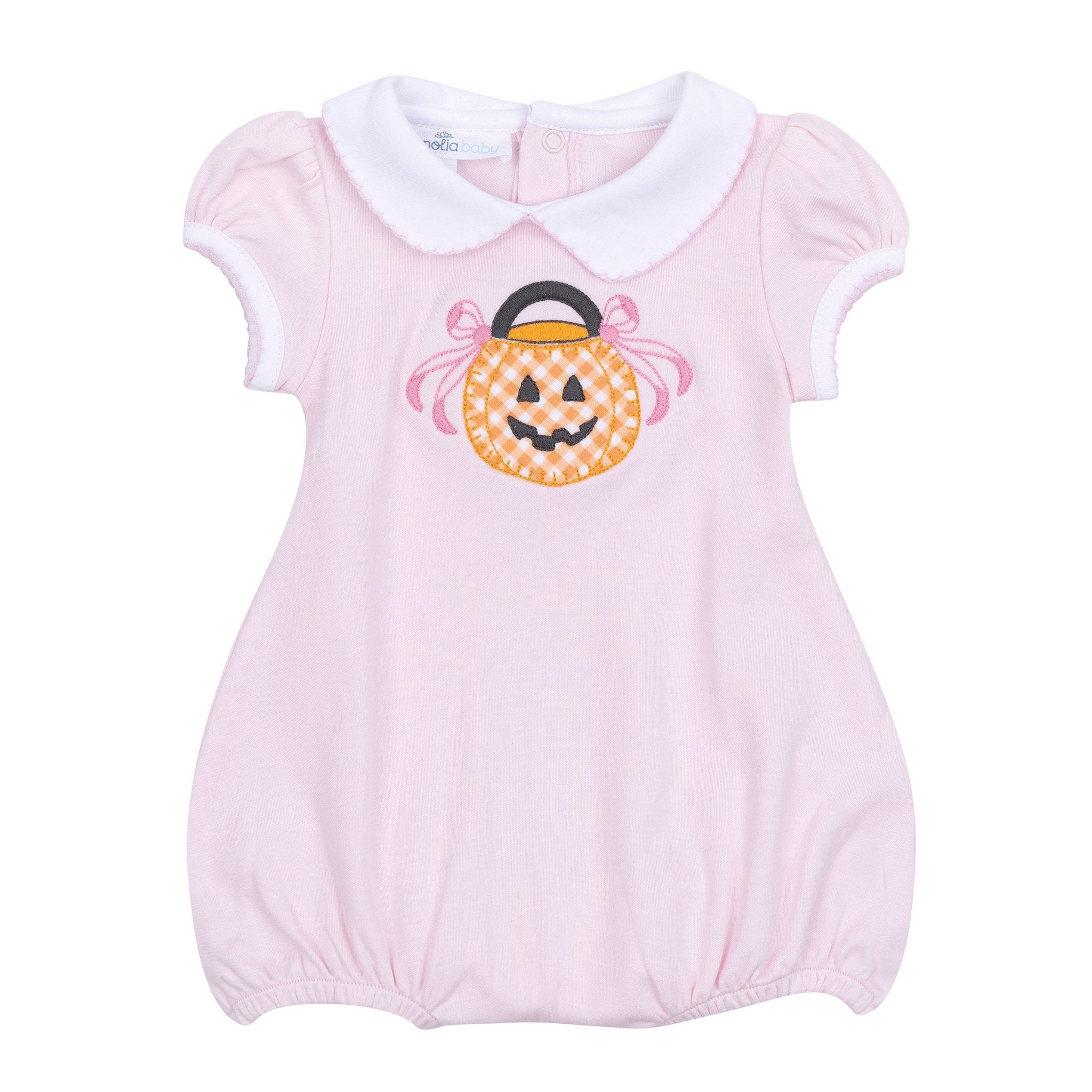 Trick or Treat Applique Collared Short Sleeve Bubble - Pink - Magnolia BabyBubble