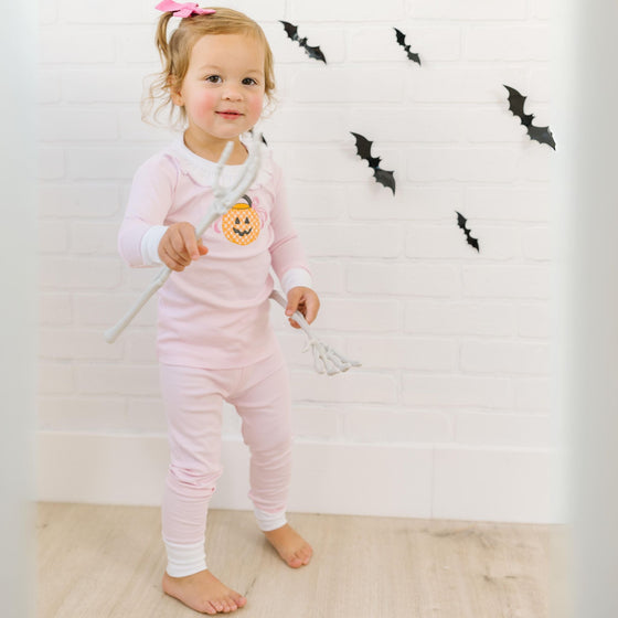 Trick or Treat Applique Ruffle Long Pajamas - Pink - Magnolia BabyLong Pajamas