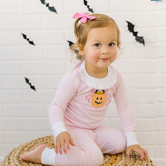 Trick or Treat Applique Ruffle Long Pajamas - Pink - Magnolia BabyLong Pajamas