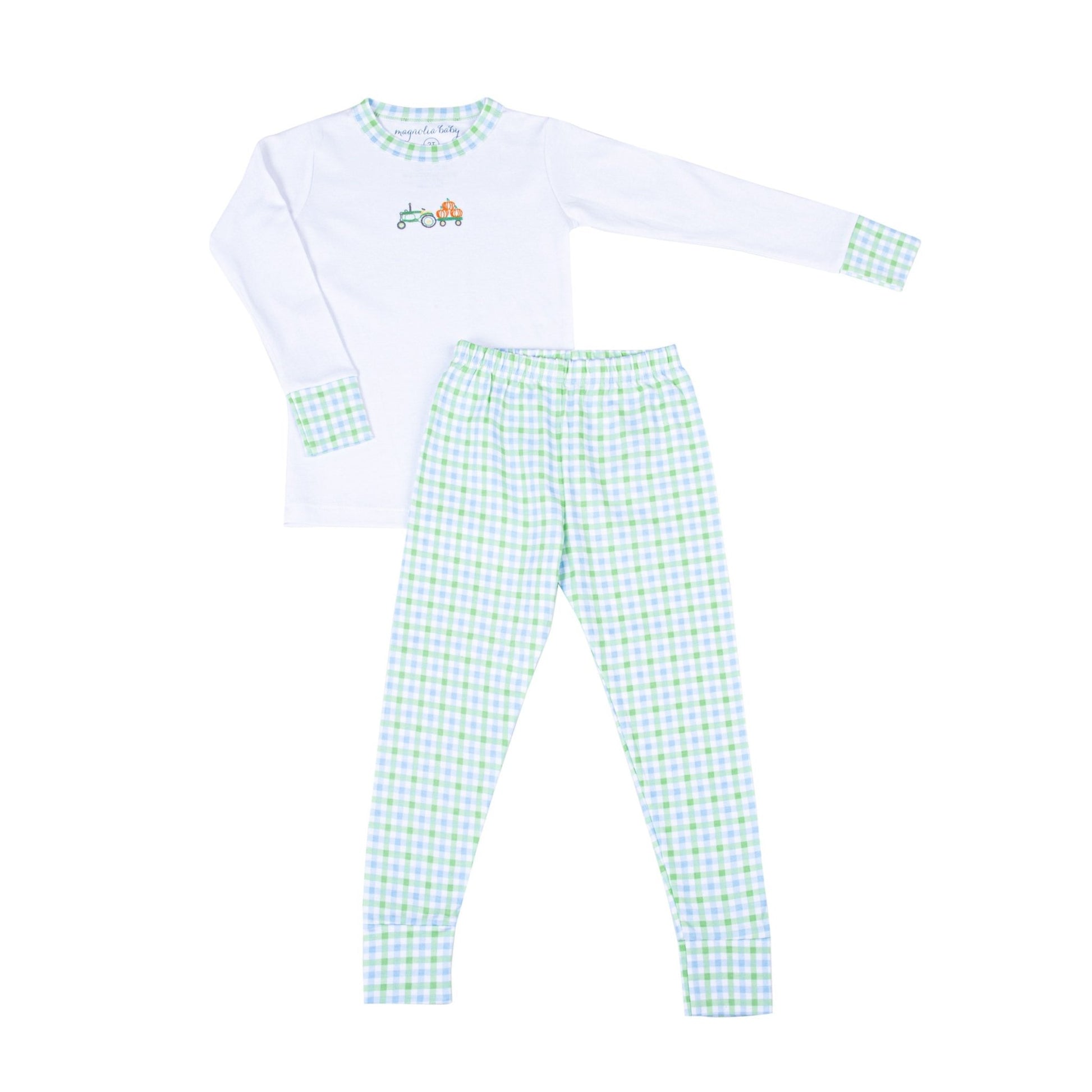 Vintage Pumpkin Picking Embroidered Long Pajamas - Blue - Magnolia BabyLong Pajamas