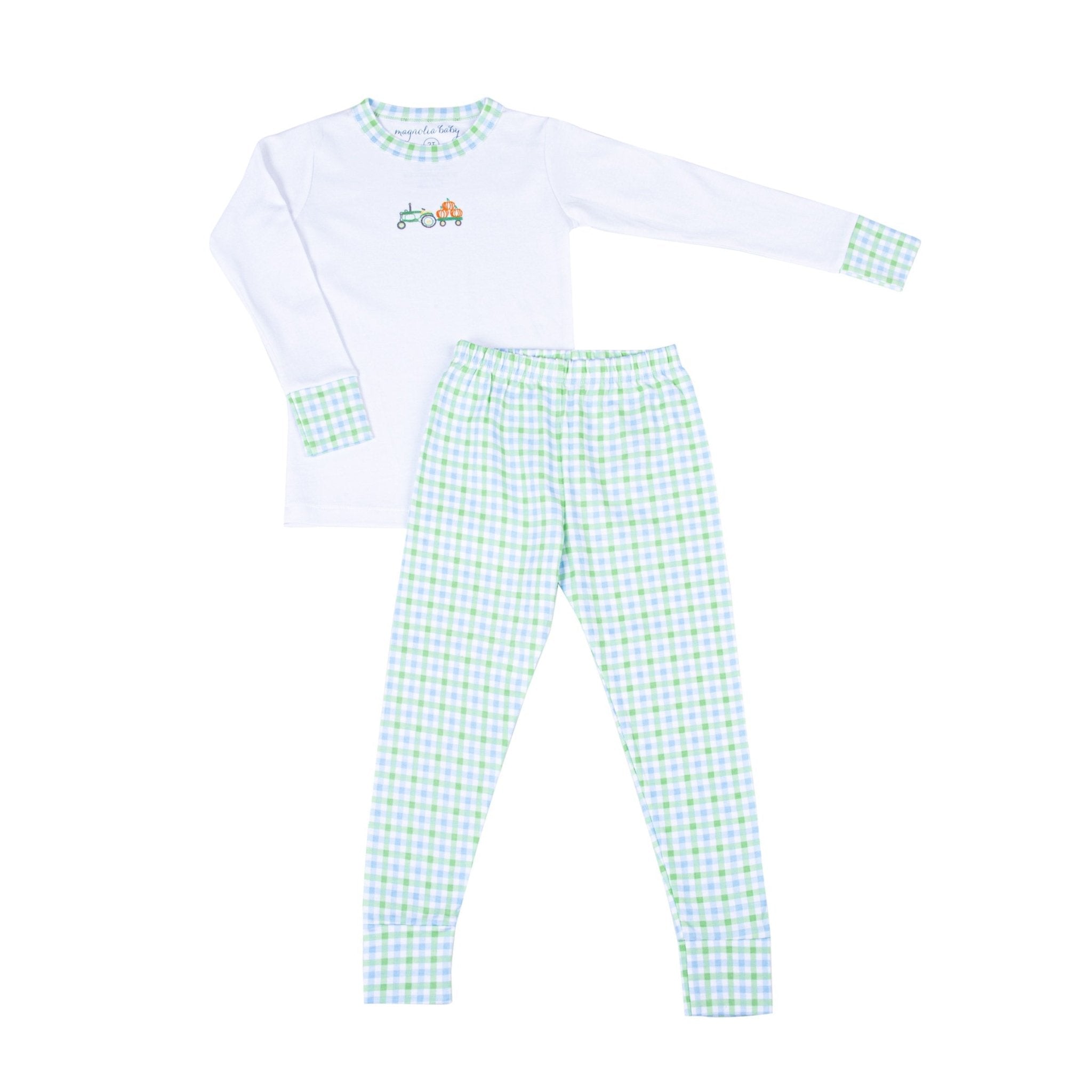 Vintage Pumpkin Picking Embroidered Long Pajamas - Blue - Magnolia BabyLong Pajamas