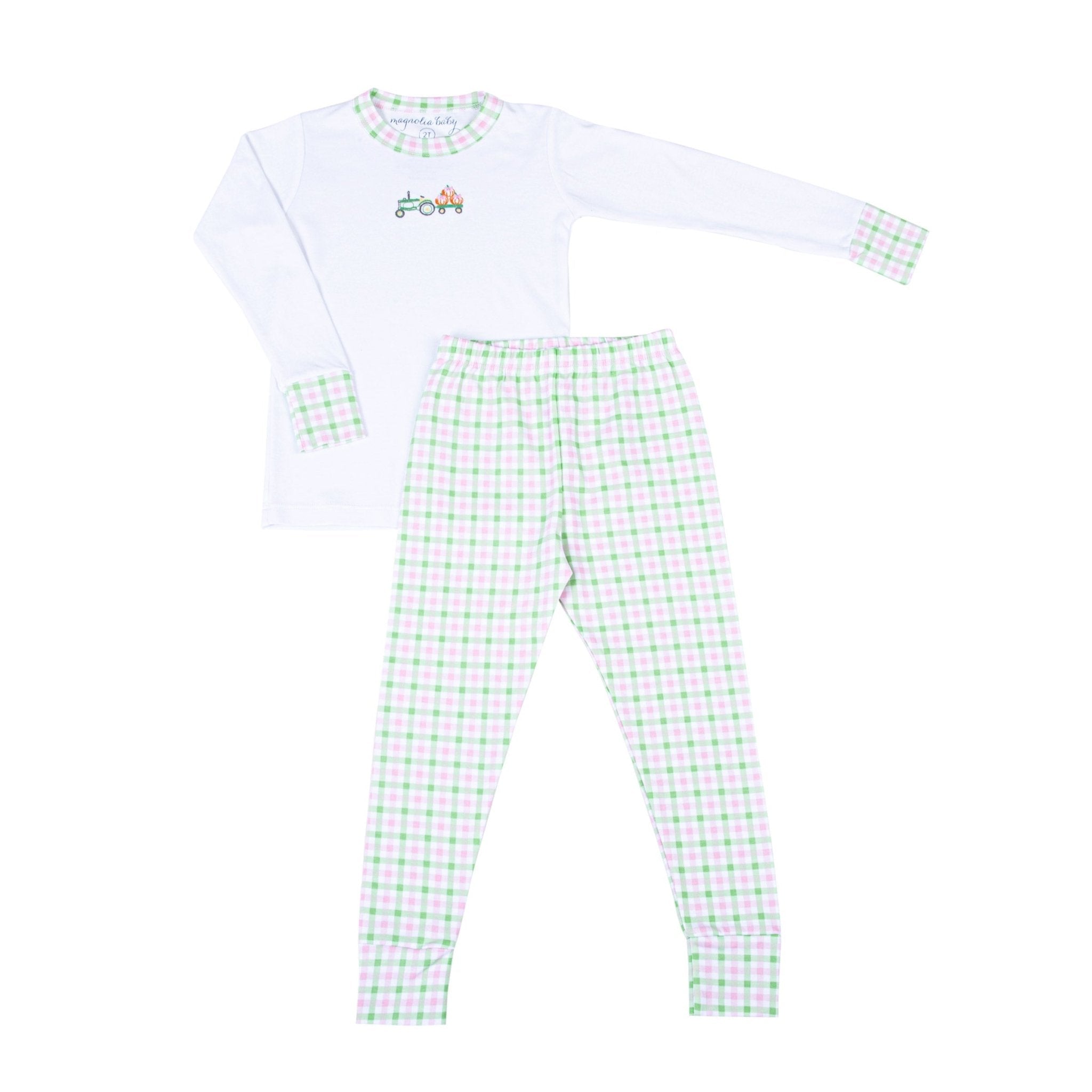 Vintage Pumpkin Picking Embroidered Long Pajamas - Pink - Magnolia BabyLong Pajamas