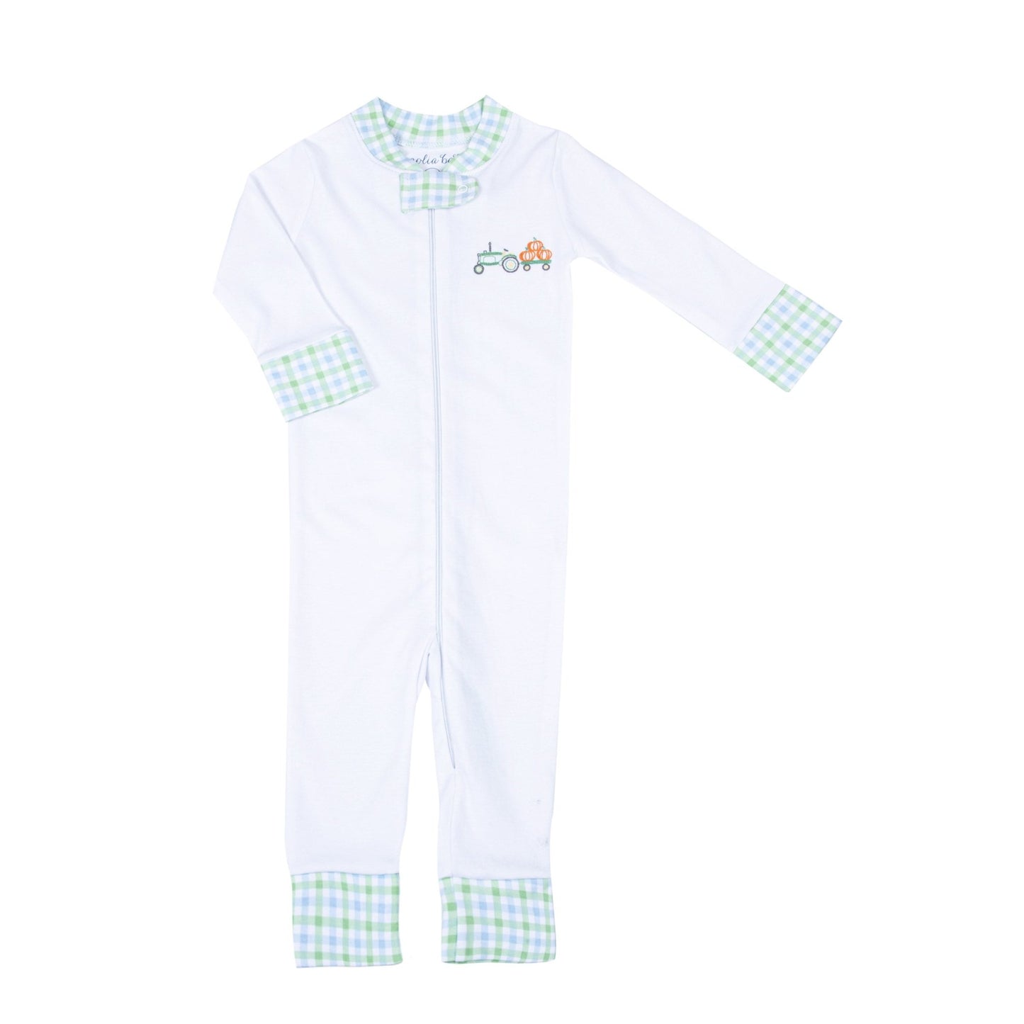 Vintage Pumpkin Picking Embroidered Zip Pajamas - Blue - Magnolia BabyZipper Pajamas