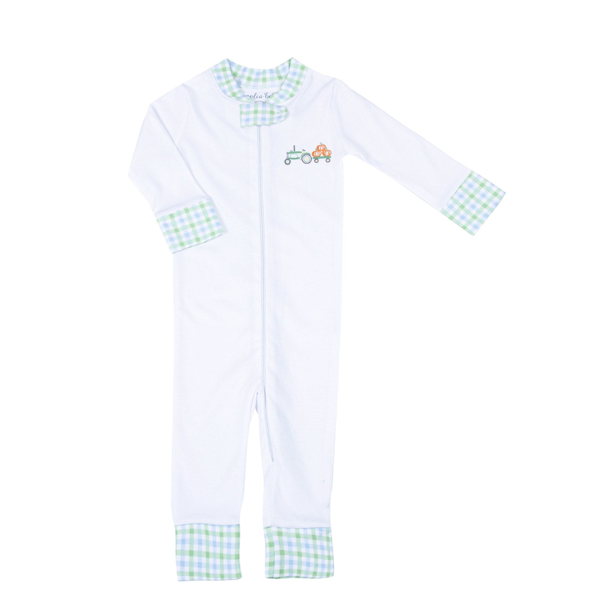 Vintage Pumpkin Picking Embroidered Zip Pajamas - Blue - Magnolia BabyZipper Pajamas