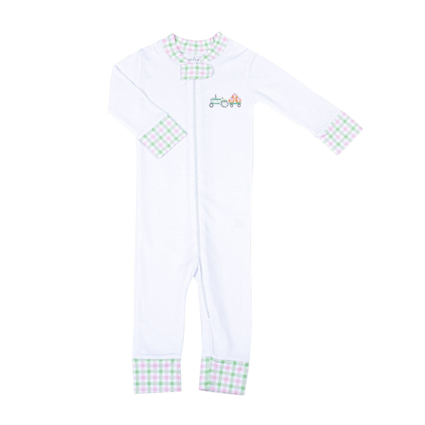 Vintage Pumpkin Picking Embroidered Zip Pajamas - Pink - Magnolia BabyZipper Pajamas
