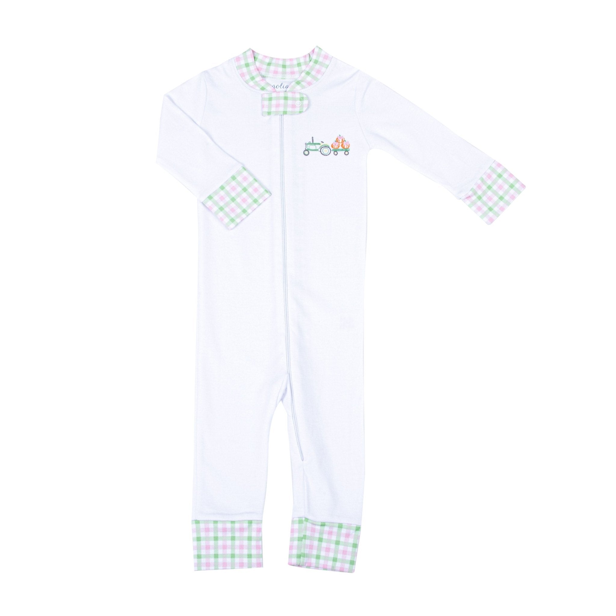 Vintage Pumpkin Picking Embroidered Zip Pajamas - Pink - Magnolia BabyZipper Pajamas