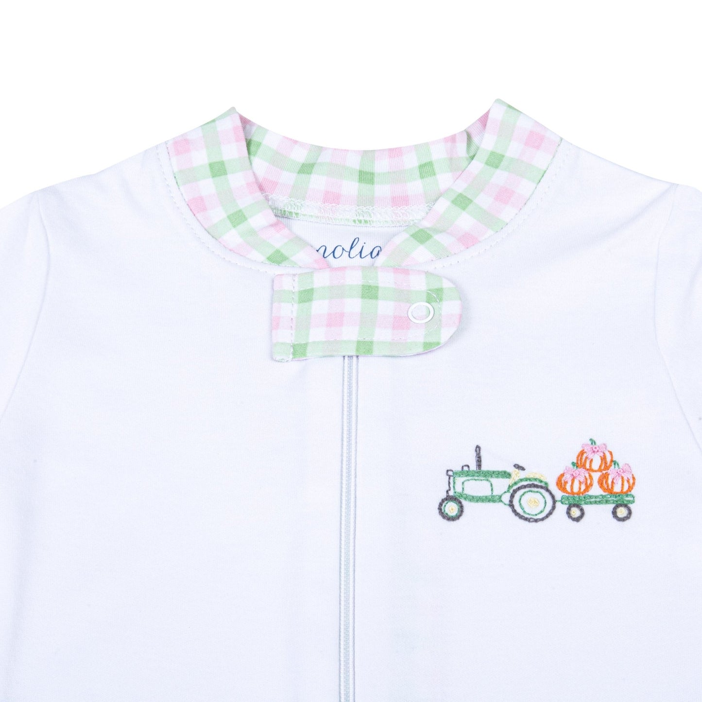 Vintage Pumpkin Picking Embroidered Zip Pajamas - Pink - Magnolia BabyZipper Pajamas