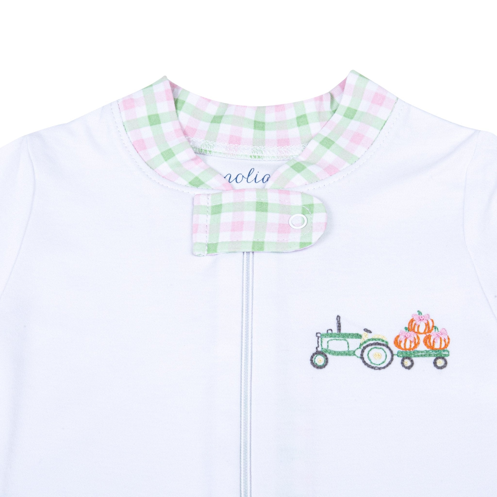 Vintage Pumpkin Picking Embroidered Zip Pajamas - Pink - Magnolia BabyZipper Pajamas