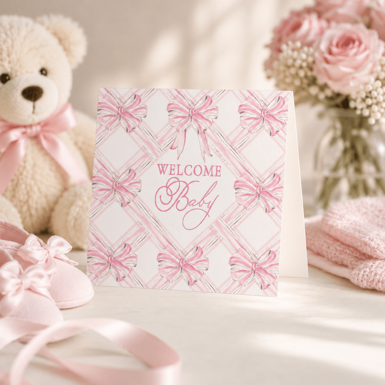 Welcome Baby Pink Bows Enclosure Card - Magnolia BabyStationery