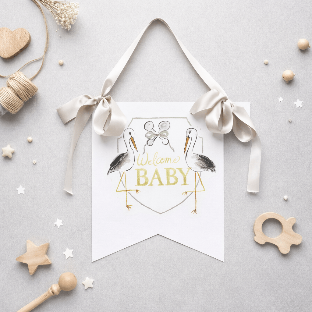 Welcome Baby Stork Hanger - Grey - Magnolia BabyDecor