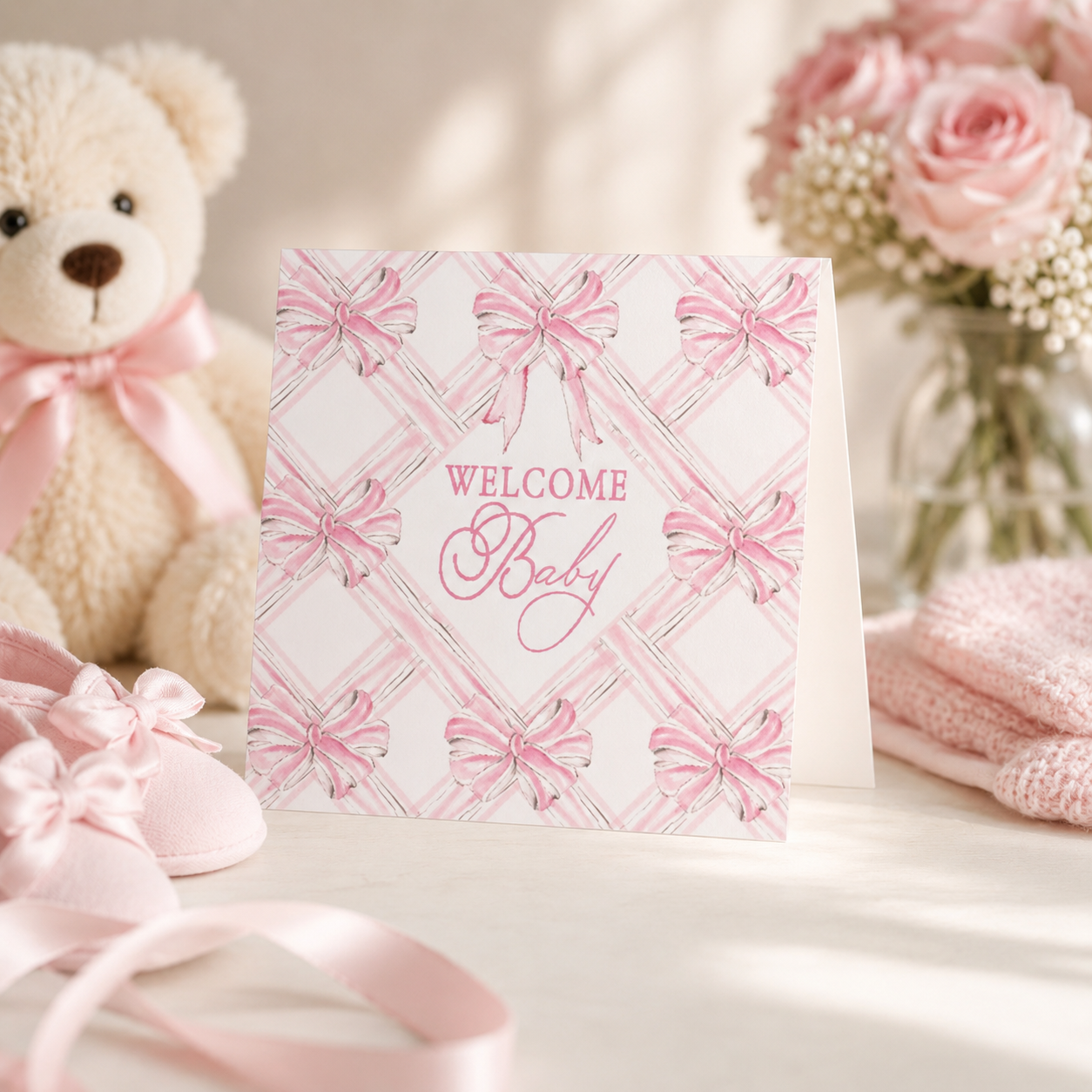 Welcome Baby Pink Bows Enclosure Card