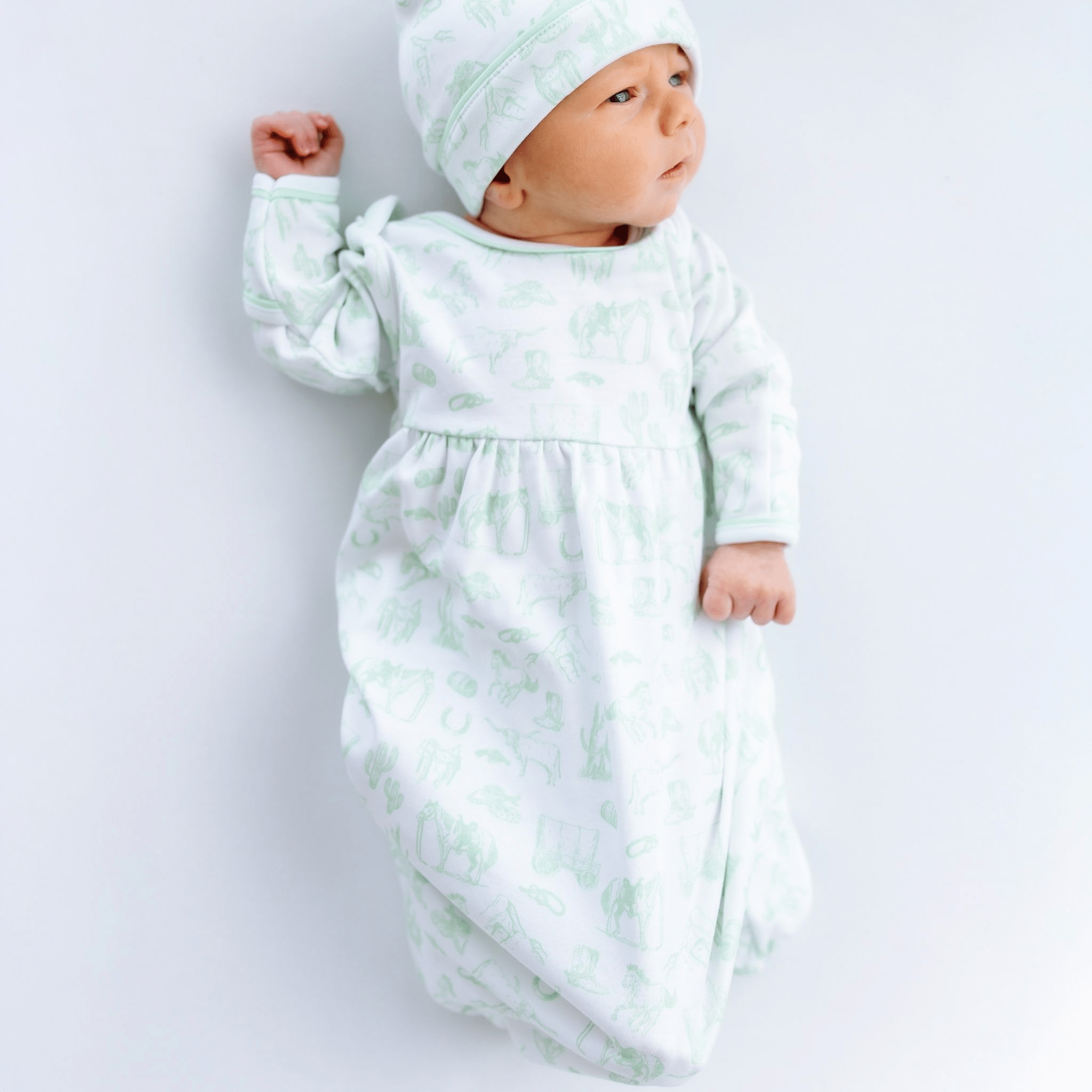 Wild West Toile Gathered Gown - Celery - Magnolia BabyGown